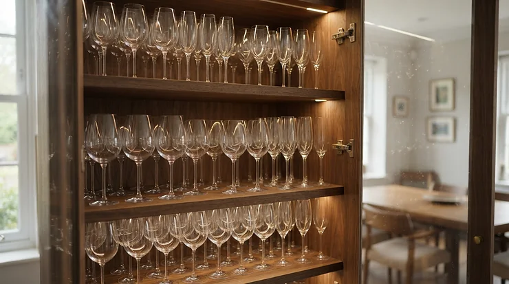 Neatly organised collection of best bordeaux glasses stored inside a stylish kitchen dresser