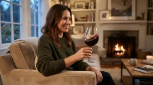 A wine enthusiast swirling a deep red vintage in riedel bordeaux glasses