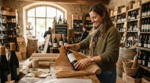 Purchasing local wine with a wine bottle protector bag for suitcase transport home