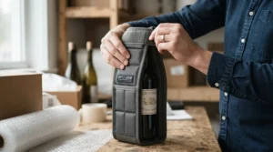 Demonstrating packing protection using a wine bottle protector bag for suitcase travel