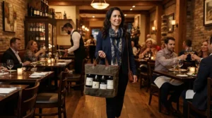 A neat wine carrier bag for 6 bottles carried into a local bistro for a celebratory group meal.