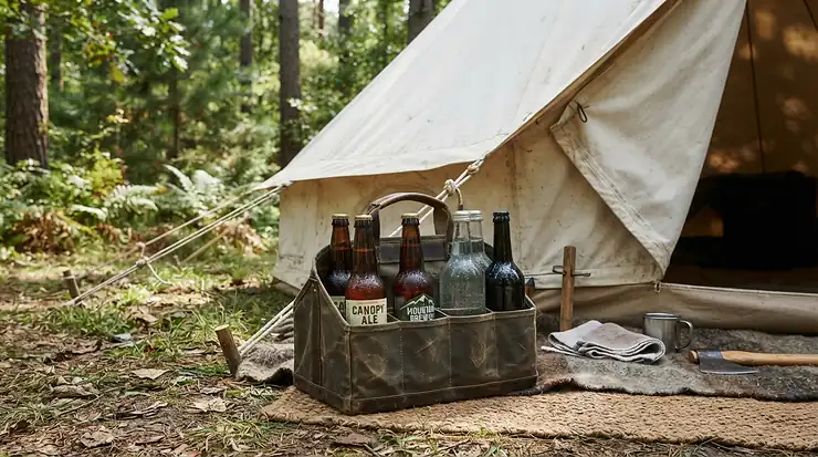 A robust wine carrier bag for 6 bottles packed alongside camping gear for a luxury outdoor weekend.