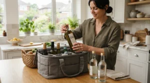 A smart wine carrier bag for 6 bottles being unpacked on a modern kitchen island before a family gathering.