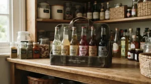 A convenient wine carrier bag for 6 bottles used for neat organization on a home pantry shelf.
