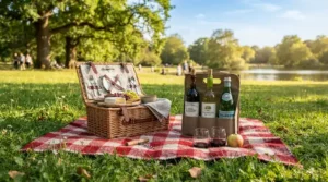 A sturdy wine carrier bag for 6 bottles filled with crisp whites sitting on a picnic blanket in a sunny park.