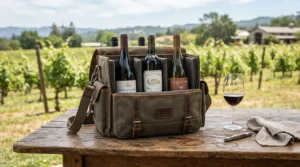 A durable wine carrier bag for 6 bottles displayed on a rustic wooden table at an outdoor tasting event.